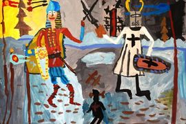 (I м.) Мищенко Ярослав, 6 лет, Битва на Чудском озере, б., гуашь, преп. Самарина Л.Ю.
