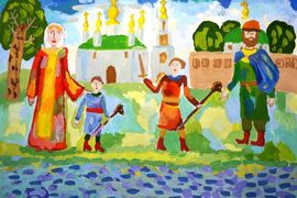 Шаронова Елена, 9 лет, Детство Александра Невского в Переславле-Залесском, б., гуашь,преп. Самарина Л.Ю.