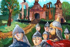 Назарова Вероника, 12 лет, «Строительство оборонительного городка на р. Шелони, б., гуашь, преп. Чивеленкова П.М.