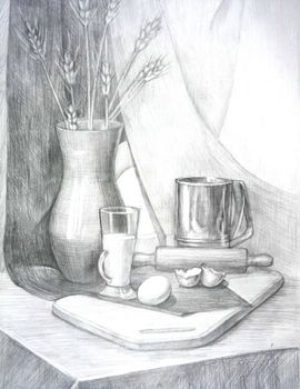 Дудина Софья, 14 лет, Кухонная утварь, б., карандаш, преп. Просветина Н. И.