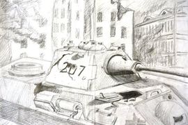 Мельников Глеб, 13 лет, «Мгновение войны», б., карандаш, СШ №3, г. Волжский, Волгоградская обл.