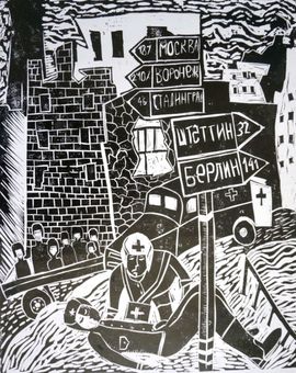 Уколова Арина, 13 лет, «Был трудный бой», б., линогравюра, «ДШИ Омского района», Лузинский филиал, с. Лузино, Омская обл.
