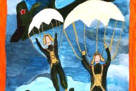 Шилова Ульяна, 12 лет, «Воздушный бой», б., гуашь, СОШ № 222, г. Заречный, Пензенская обл.