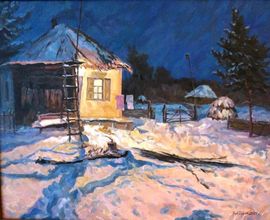 «Зимний вечер на хуторе», х., м.,40х50, 2022 г.