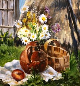 Андрющенко А.Г., «Натюрморт с ромашками», орг., м., 46х40, 2019 г.