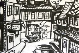 Бурейникова Нелли, 13 лет, «Дирижабль над городом», б., маркер, «ДТ «Русинка»», г. Волжский