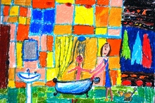 Майданова Любовь, 8 лет, Мама купает ребёнка, б., пастель, преп. Самарина Л.Ю.