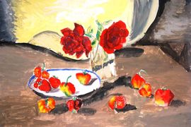 Слепнева Елизавета,11 лет,Копия к картине И.Машкова Две темные розы и тарелка с клубникой,б.,гуашь,ДШИ,п.Октябрьский,Волгоградская обл.