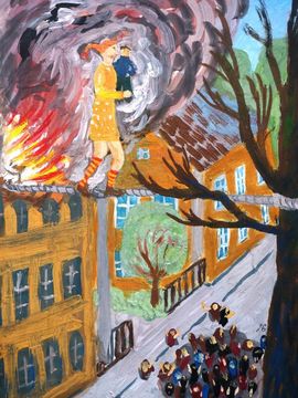 Егорова Тоня, 12 лет, Пеппи длинныйчулок спасает ребенка на пожаре, б., гуашь, ДХШ, г. Великий Устюг