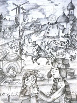 Битенюк Анастасия, 14 лет, Масленица, б., карандаш, р.п. Таврическое, Омская обл.