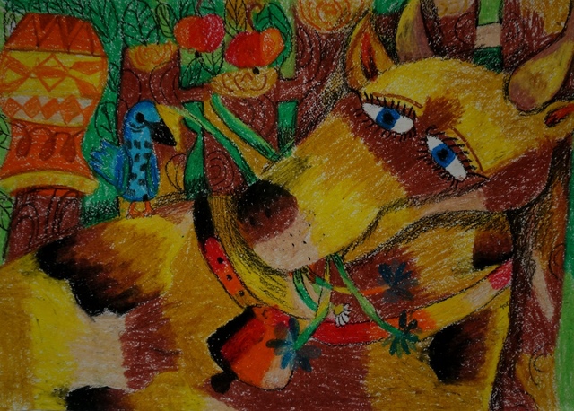 Гольм Ирина, 10 лет,Коровушка,б.,воск.пастель,с. Лузино, Омская обл., ДШИ