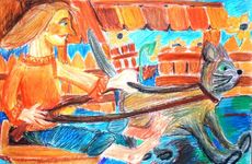 Ашихмина Марина, 12 лет, Егорушка - коновал кошке ножку подковал, б., пастель, ДШИ, преп. Конюхова С. А., с. Лузино, Омская обл.