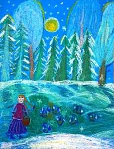 Маскалева Маргарита, 8 лет, Зимой за подснежниками, б., масл. мелки, преп. Ковешникова Т. В.