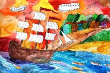 Черкашина Елизавета, 7 лет, Корабль на закате, б., смеш. тех., ВОДХГ, г. Волгоград, преп. Ковешникова Т.В.