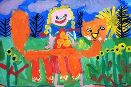 Жукова Дарья, 5 лет, Даша с Рыжиком на прогулке, б., гуашь 