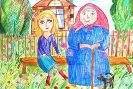 Воробьёва Ирина, 9 лет, Моя бабушка и я, б.,цв. карандаши, ГДШИ, п.Городище, Волгоградская обл.