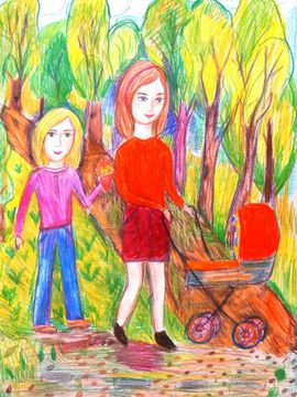Логвинова София, 9 лет, На прогулке, б., цв. карандаши, ГДШИ