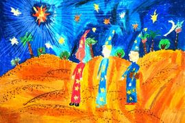 Оборник Анастасия, 8 лет, В путь за рождественской звездой, б., воск. мелки, ДШИ, с. Лузино, Омская обл.
