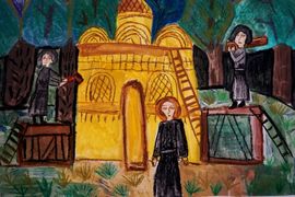 Кувакина Ева, 10 лет, Сергей Радонежский с монахами строит церковь, б., смеш.тех., ВОДХГ, г.Волгоград