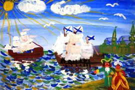 Шайдуллина Эвелина, 9 лет, Путешесвие на корабле Петра 1, б., гуашь, ДХШ №2, г.Набережные Челны