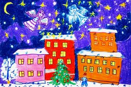 Литвиненко Анастасия, 7 лет, Ангелы Рождества над городом, б., смеш.тех., ДШИ, г. Новошахтинск