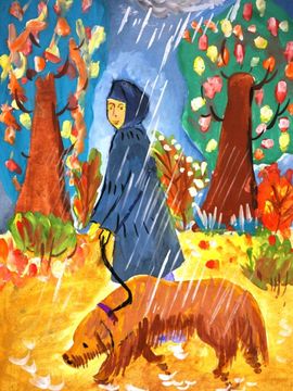 Абакумова Елена, 9 лет, Прогулка, б., гуашь, изостудия Цветик-семицветик, г. Дубока