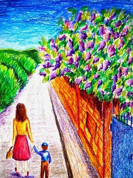 Кондаурова Яна, 12 лет, Сирень за забором, б., масл. пастель, ДШИ им. Ю.А. Гагарина, Волгоградская обл., г. Котельниково