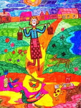 Литвинова Евгения, 9 лет, На подворье, б., фломастеры, р. п.  Нововаршавка, Омская обл.