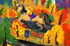 Михайлина Полина, 9 лет, Прогулка в парке на Спартановке, б., гуашь, изостудия, г.Волгоград
