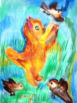 Морозова Валерия, 11 лет, Кот Васька на охоте, б., пастель, ДШИ, р.п. Нововаршавка, Омская обл.