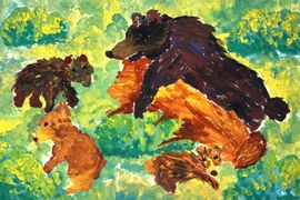 Белякова Полина, 8 лет, Медвежата на прогулке, б., гуашь, ДШИ, р.п. Нововаршавка, Омская обл.