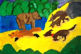 Гусева Полина, 12 лет, Медведь и рыбак, б., гуашь, ДХШ №2 им. Б.И. Сурикова, г. Липецк