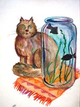 Полякова Снежана, 12 лет, Кот и рыба, б., смеш.тех., ДХШ №2 им. Б.И. Сурикова, г. Липецк