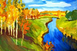 Соловьева Ольга, 14 лет, И. И. Левитан Золотая осень, б., гуашь. ДШИ, р. п. Нововаршавка, Омская обл.