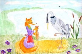 Веряева Дарья, 12 лет, Лиса и журавль, б., акварель, ДХШ №1, г. Астрахань