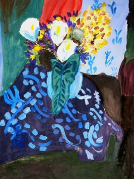 Багратян Алла, 8 лет, А. Матисс Арумы, ирисы и мимозы, б., гуашь, ДХШ, г. Североморск, Мурманская обл.