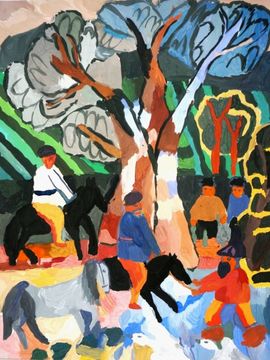 Рощина Анастасия, 10 лет, Н.С. Гончарова Купание лошадей, б., гуашь, ДШИ, с. Лузино, Омская обл