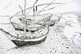 Миргалиева Аделина, 10 лет, В. ван Гог Рыбачьи лодки в Сен-Мари-де-ла-Мер, б., тушь, г. Казань