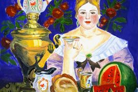 Митина Ольга, 13 лет, Б.М. Кустодиев, Купчиха, пьющая чай, б., гуашь, ДХШ №9, г. Астрахань