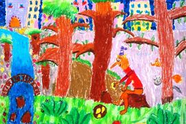 Дорофеева Оля, 6 лет, Буратино закапывает монеты, б., пастель, ВОДХГ, г. Волгоград