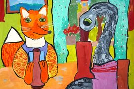 Засекина Мария, 11 лет, Лиса и журавль, б., гуашь, ДШИ, с. Лузино, Омская обл.