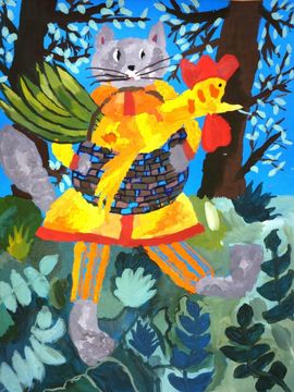 Масалова София, 11 лет, Кот, петух и лиса, б., гуашь, ДШИ, с. Лузино, Омская обл.