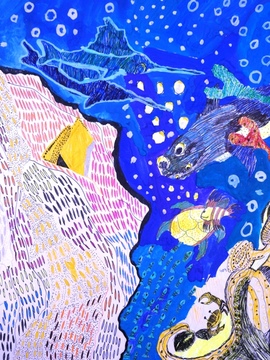 Юрин Илья, 12 лет, Обитатели морских глубин, б., смеш. тех., ДШИ, с. Лузино, Омская обл.