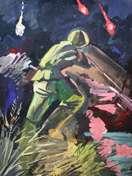 Бухарь Евгений, 14 лет, Ночной бой, б., гуашь, ДХШ, ст-ца Крыловская