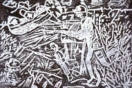 Дьяков Евгений, 9 лет, Наступление на Берлин, б., линогравюра, г. Серафимович