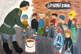 Анисимова Дарья, 10 лет, Как солдат кормит детей, б., гуашь, ДХШ, Ставропольский край, г. Изобильный