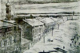 Злобин П. А. Базарная площадь. Улицы старого Царицына, Автолитография, 29х30,  2001 г.