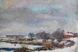 Новикова Е.П. Первый снег. Ангарский пруд, 30х40,х. м., 2020г.