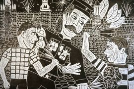 Рожковец Алексей, 12 лет, Поздравление в день победы, линогравюра, ДШИ, Омская обл., с. Лузино