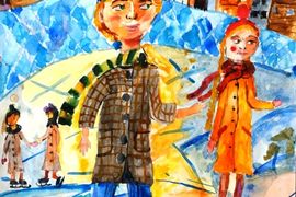 Овчинникова Эвелина, 10 лет, «На катке с друзьями», б., акварель, преп. Кутькина В.А.
